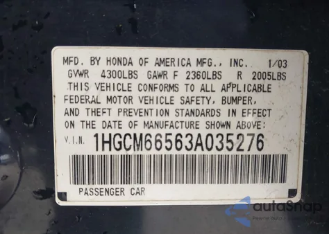 2003 Honda Accord 3.0 Ex from USA, damaged, VIN 1HGCM66563A035276